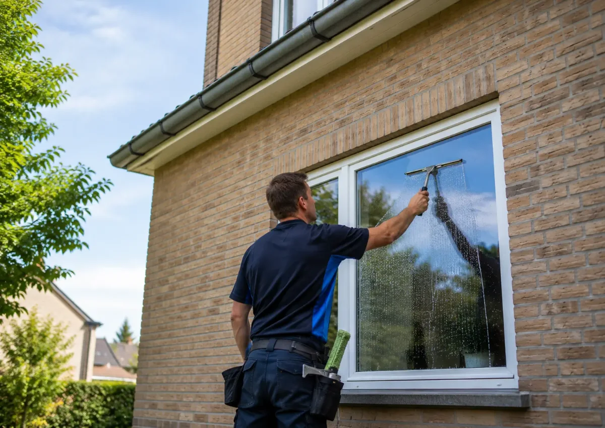 Een glazenwasser reinigt het raam van een woning met een raamtrekker