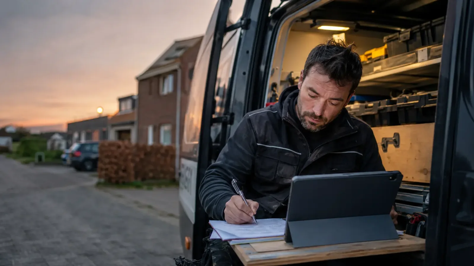 Een technieker verwerkt na zijn werkdag administratie in zijn bestelwagen bij valavond.