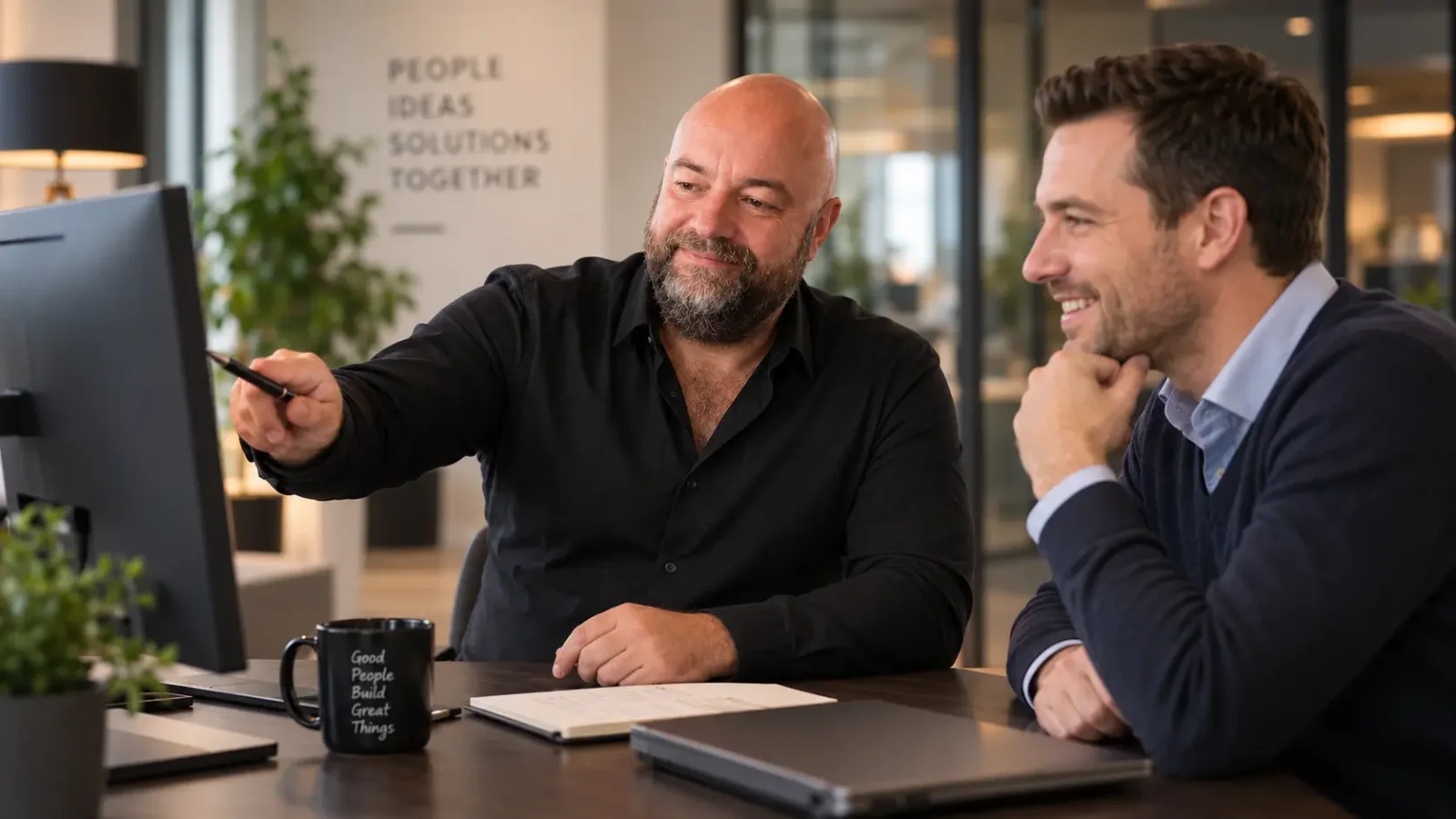 Twee lachende mannen zitten aan een bureau, één wijst met een pen naar een computerscherm terwijl de ander toekijkt.