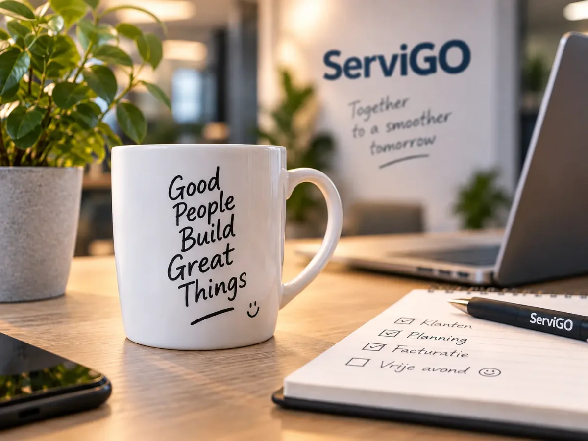 Witte mok met "Good People Build Great Things" naast notitieboekje met takenlijst en pen met ServiGO-logo op een bureau.