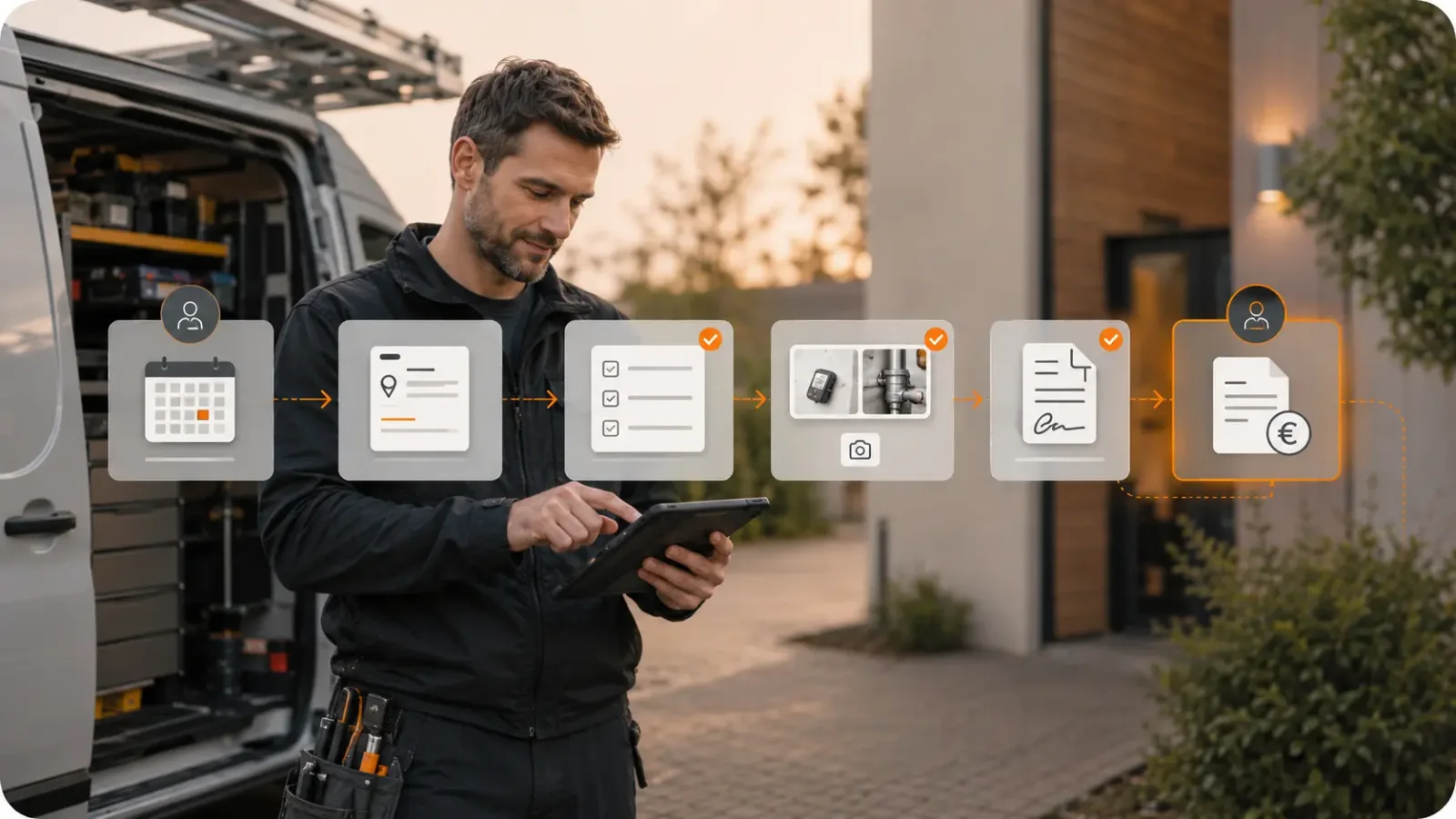 Een monteur met tablet voor zijn bus, omringd door iconen die een workflow van planning tot factuur uitbeelden.