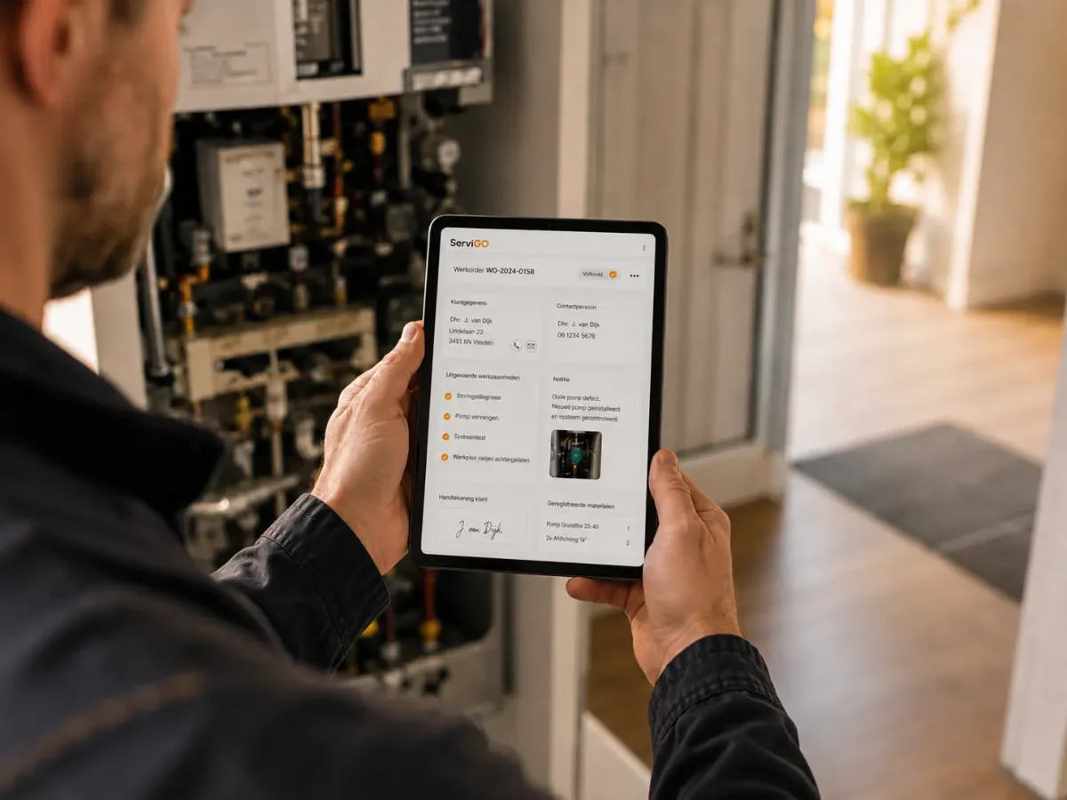 Een technieker controleert en registreert een werkorder op een tablet bij een verwarmingsinstallatie.
