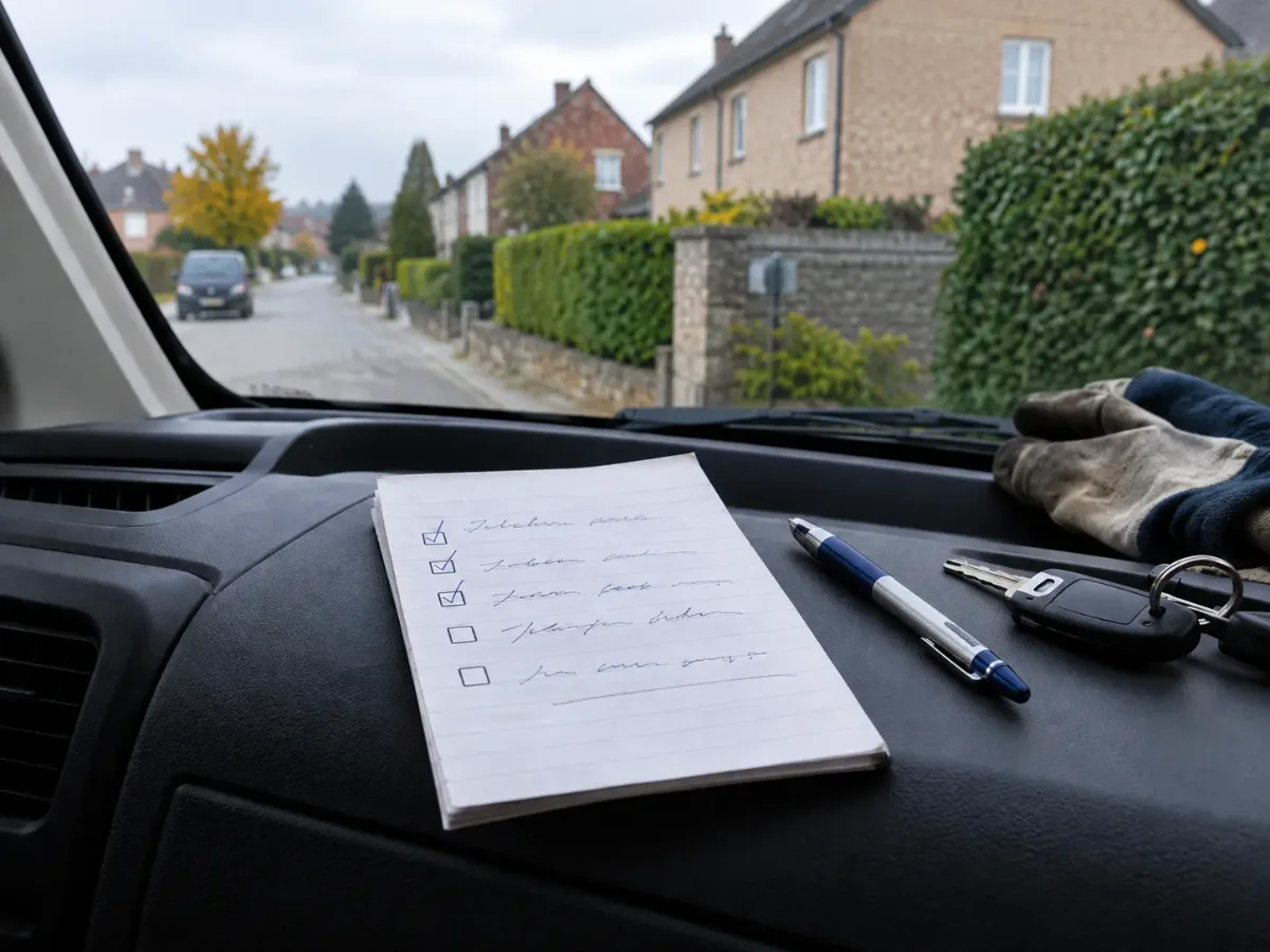 Handgeschreven checklist, pen, autosleutels en handschoenen op het dashboard van een voertuig, met een straat en huizen op de