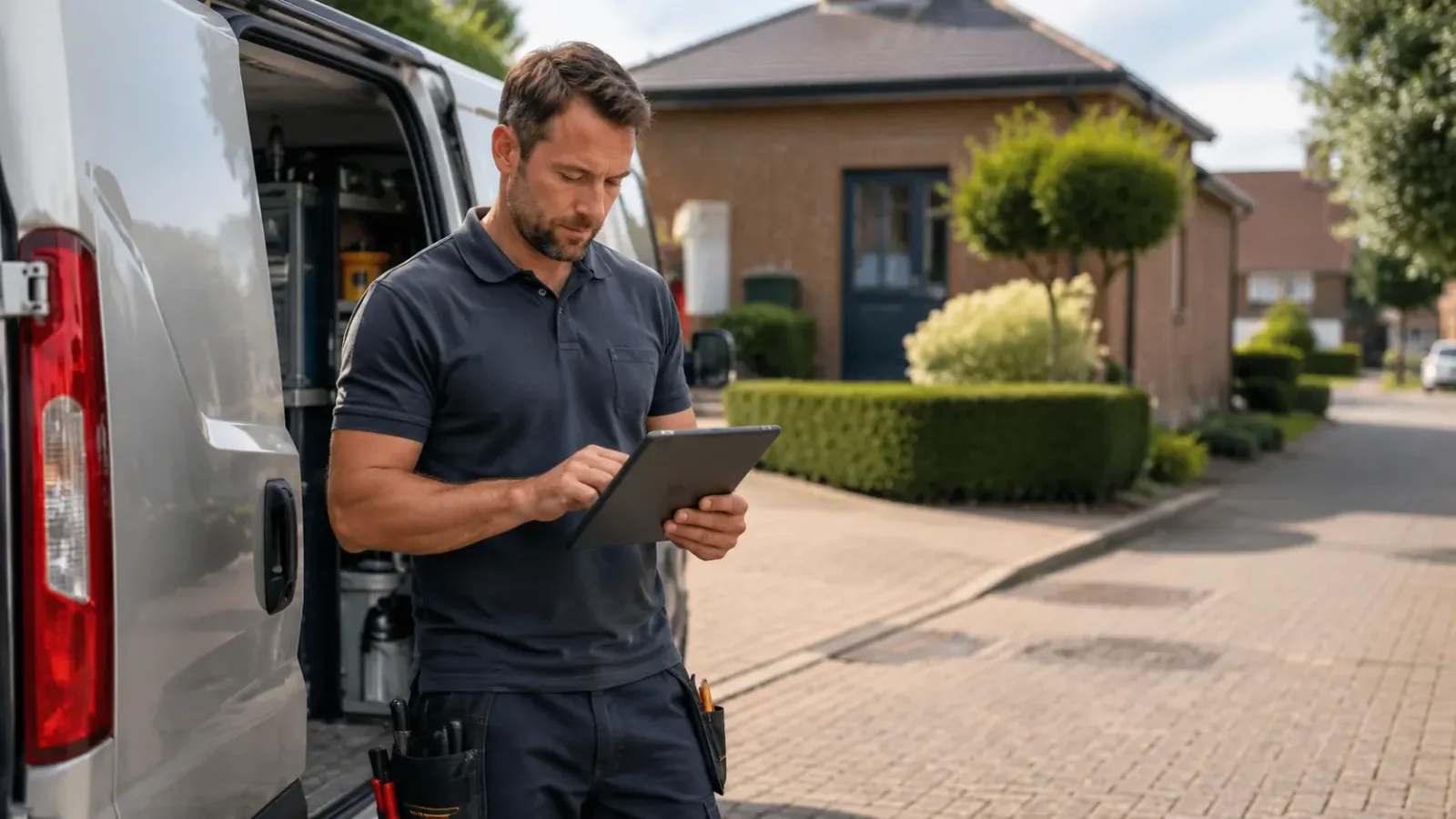 Een vakman met donkerblauwe kleding en gereedschapsgordel gebruikt een tablet bij de open achterkant van een bestelwagen op s