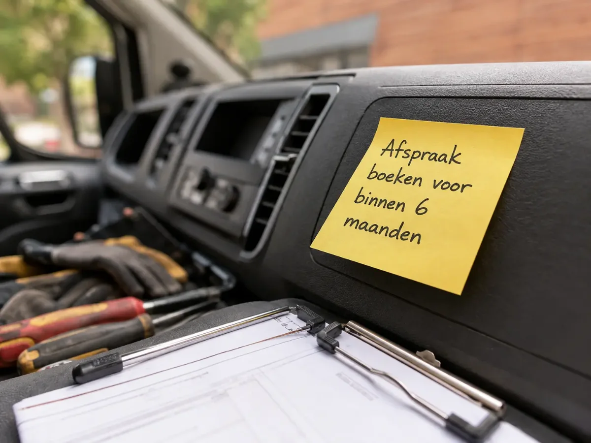 Een post-it in een bestelwagen met de herinnering om binnen zes maanden een nieuwe afspraak te boeken.
