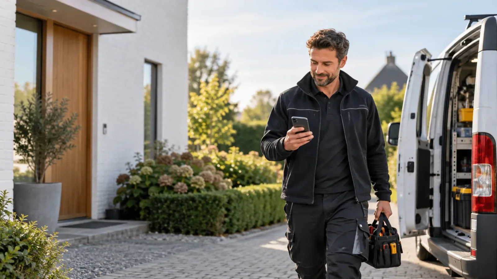 Een glimlachende technicus in zwarte kleding loopt met gereedschapstas en smartphone langs een woning naar zijn witte bestelw